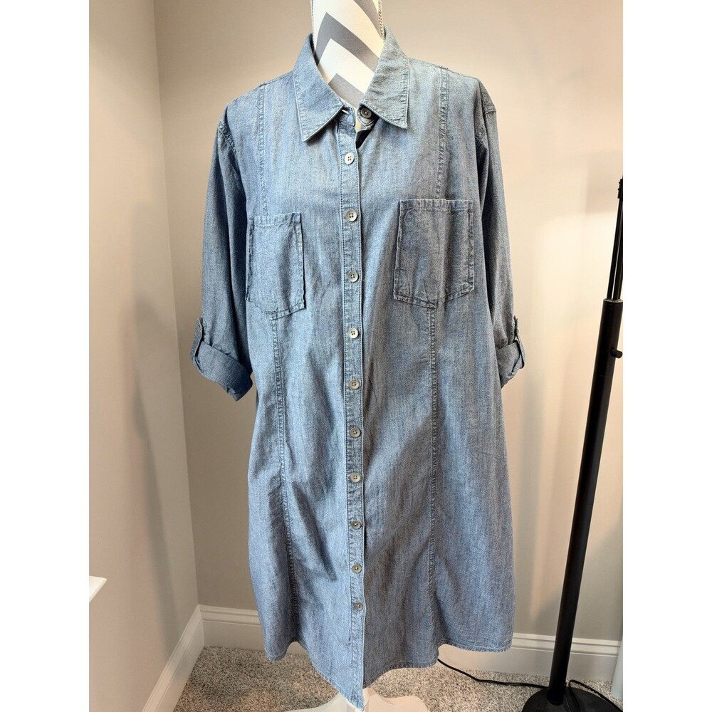 Coldwater Creek Womens 24 Chambray Cotton Denim Midi Shirt Dress Roll Tab